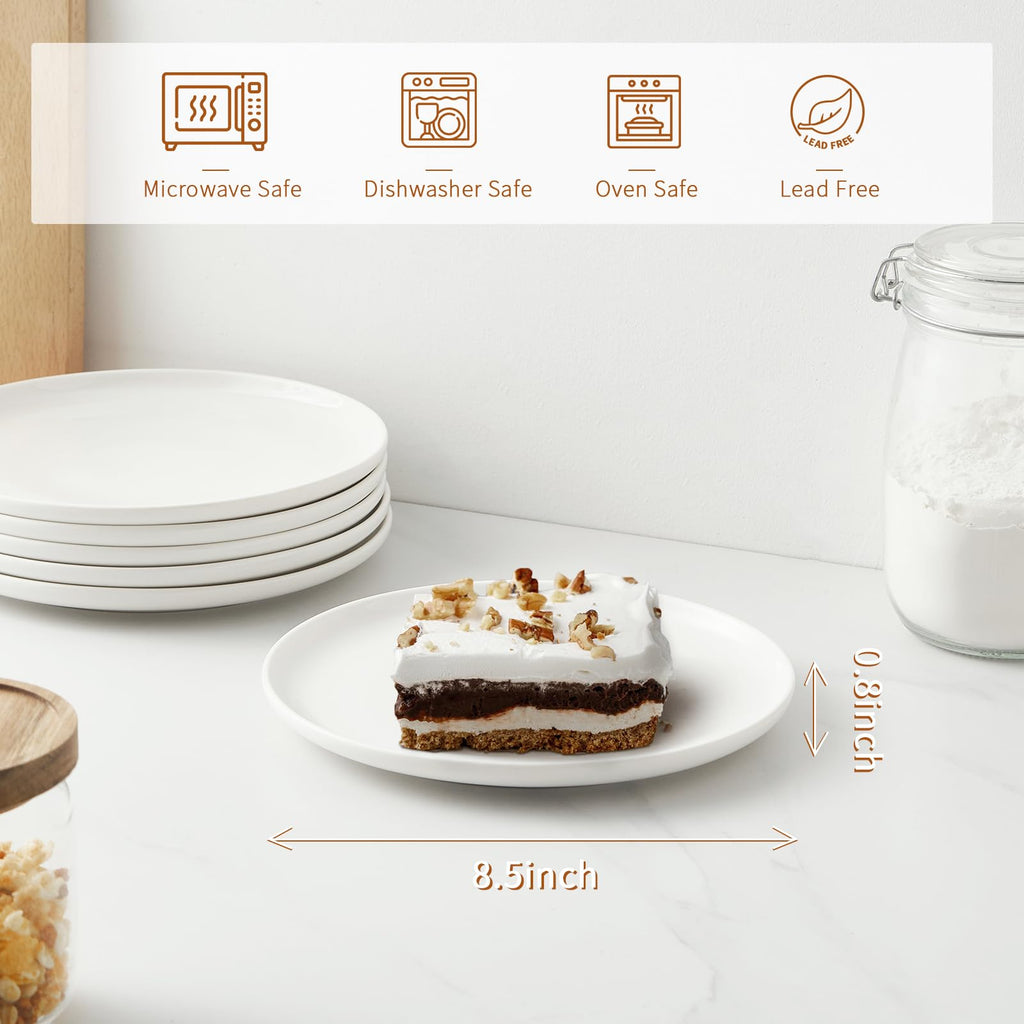 Jassceram 8.5 Inch Ceramic Dessert Plates | Set of 6 White Salad Plates