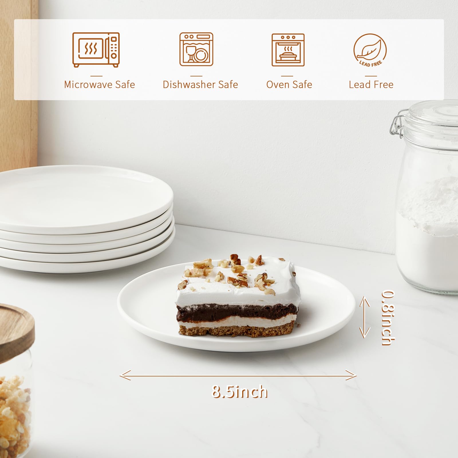 Jassceram 8.5 Inch Ceramic Dessert Plates | Set of 6 White Salad Plates