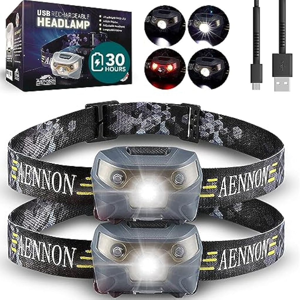AENNON Rechargeable LED Head Torch 2-Pack | Waterproof 220 Lumens