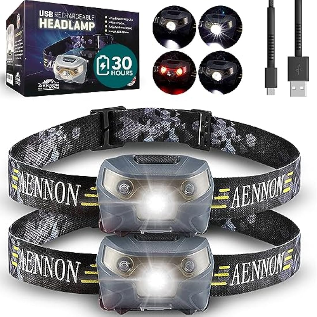 AENNON Rechargeable LED Head Torch 2-Pack | Waterproof 220 Lumens