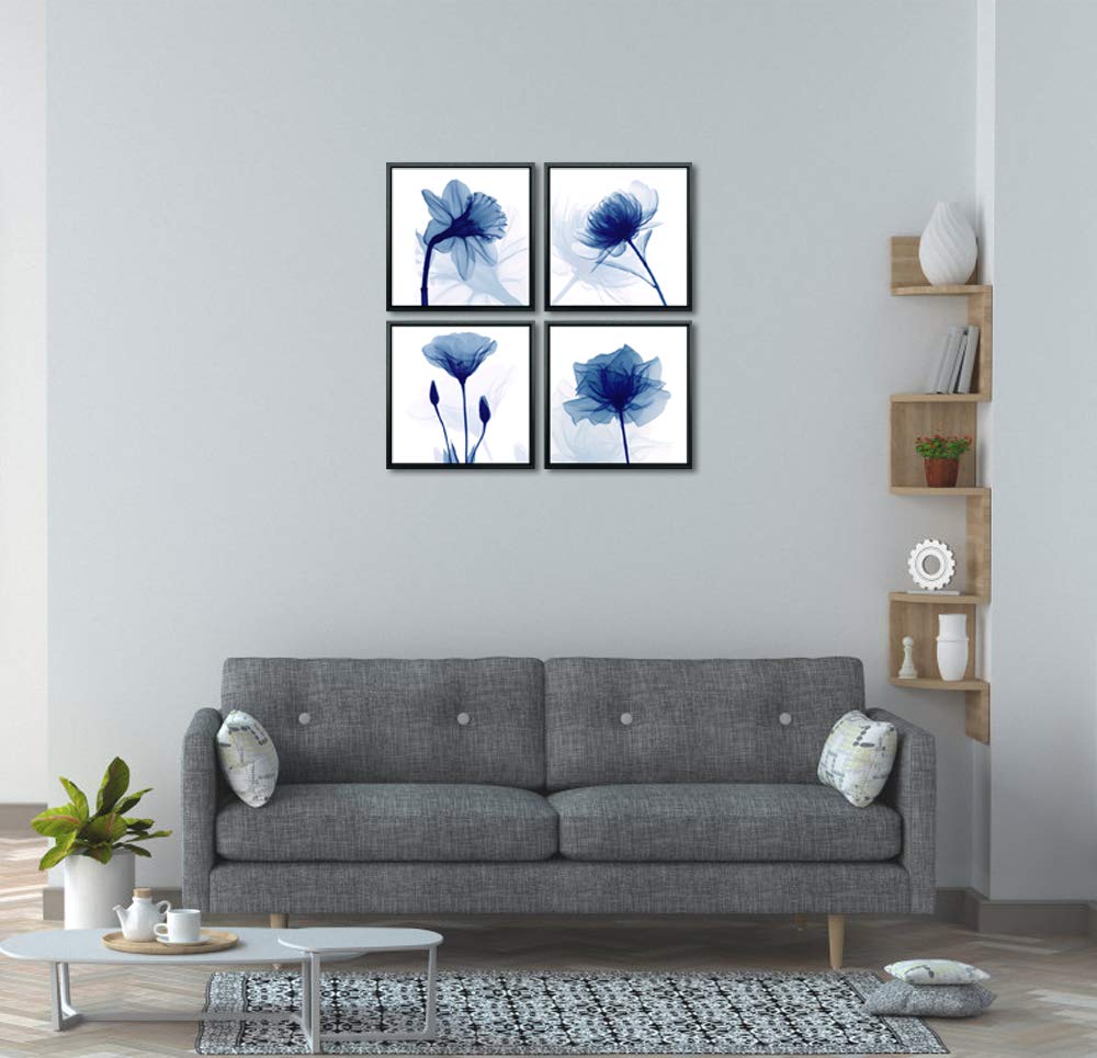 Wieco Art Blue Flickering Flower Framed Canvas Wall Art - 4 Panels