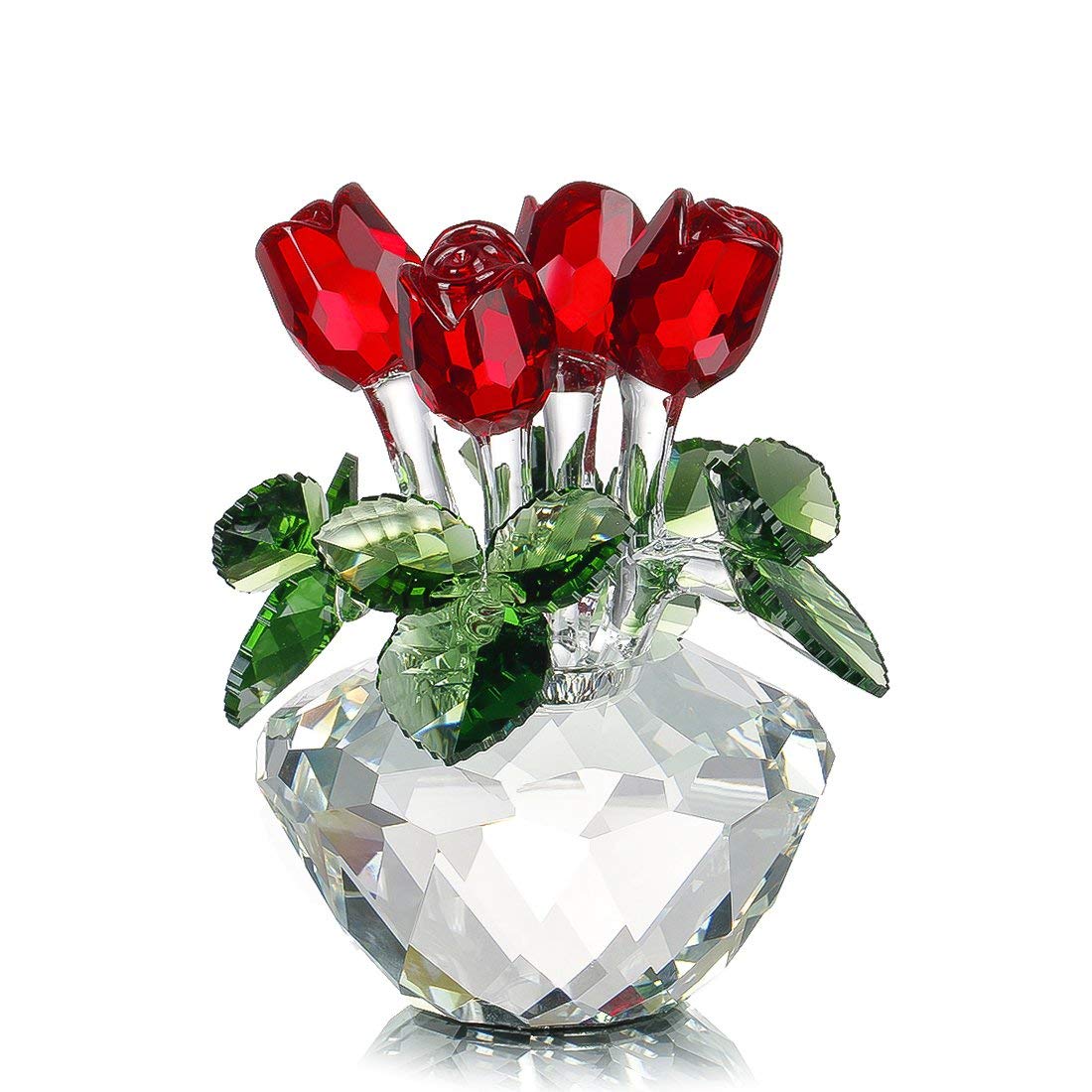 H&D Crystal Glass Red Rose Figurine – 4.5" Flower Ornament Gift Box
