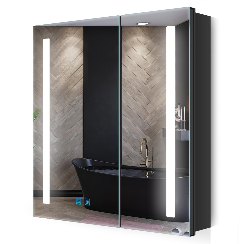 Quavikey Black LED Bathroom Mirror Cabinet with Shaver Socket & Demister