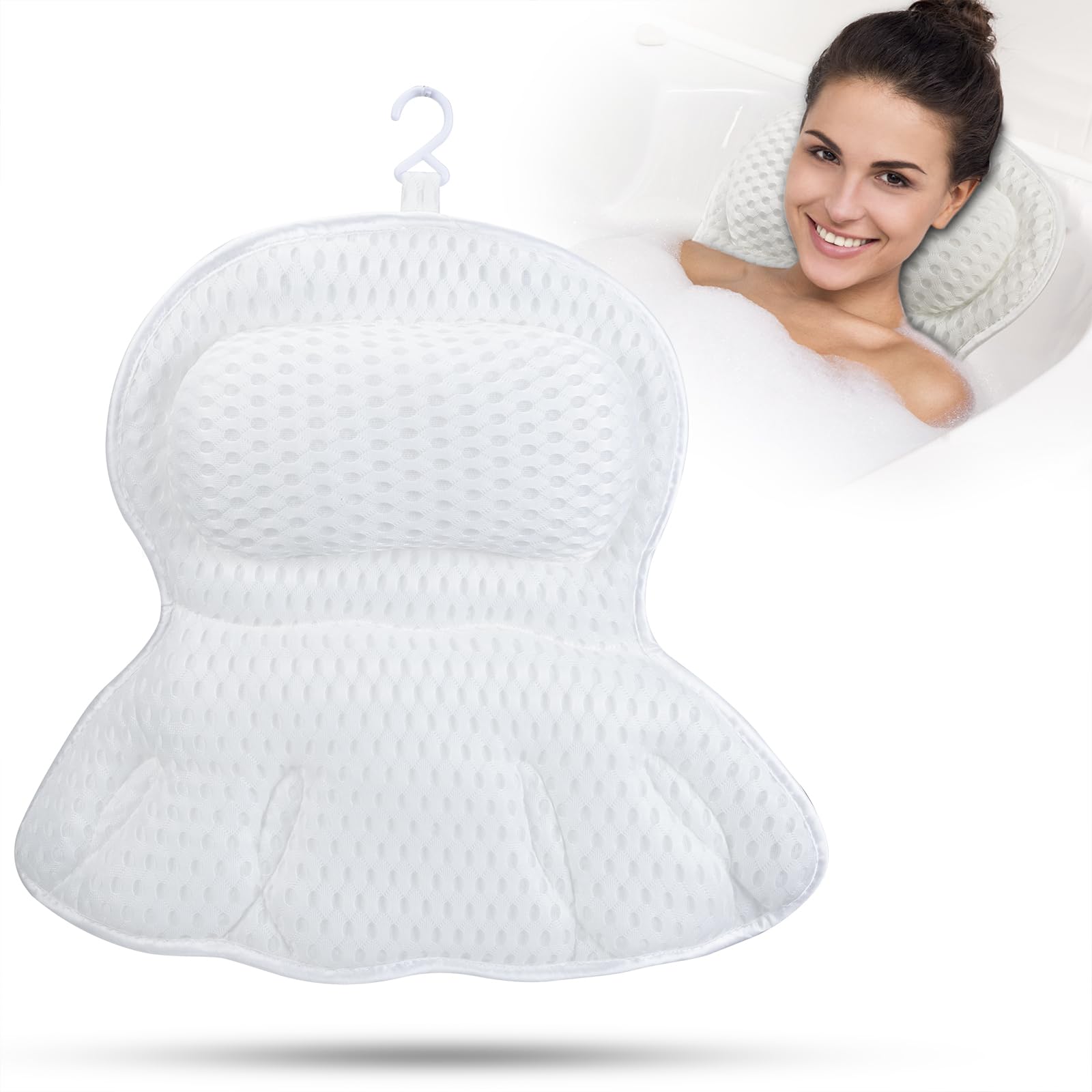 Jolof Store Ergonomic 4D Mesh Bath Pillow with 6 Suction Cups – White