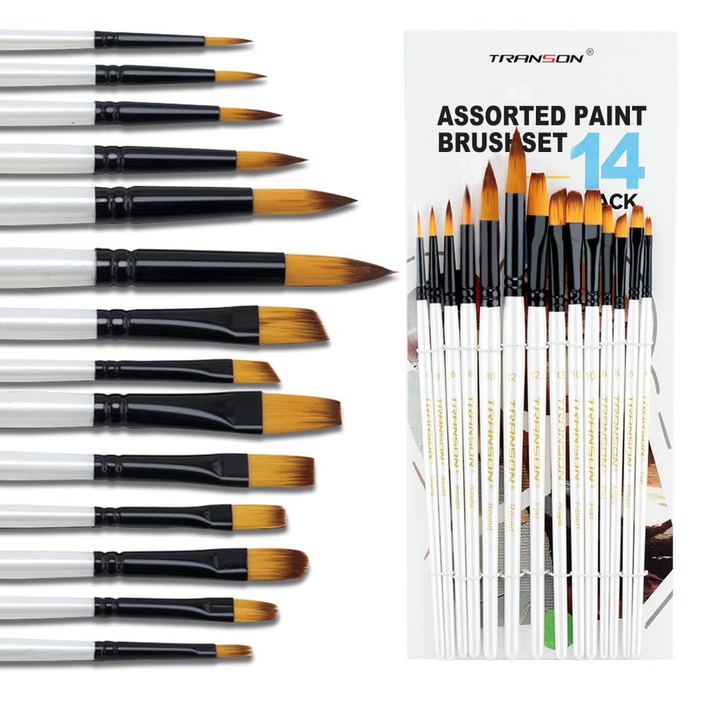 Transon 14pcs Artist Paint Brushes for Acrylic & Watercolor | White Taklon