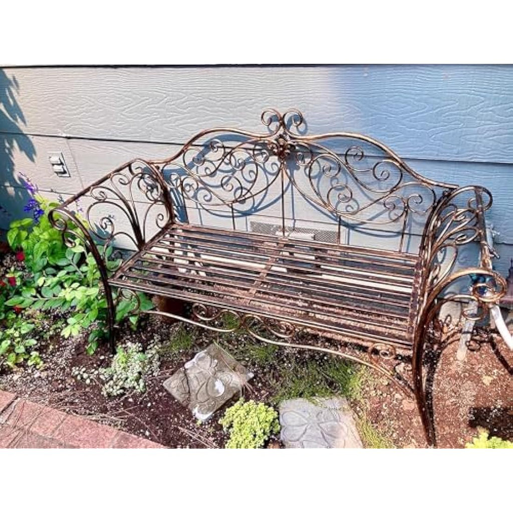 HLC 2-Seat Metal Garden Bench – Antique Wrought Iron Outdoor Seating