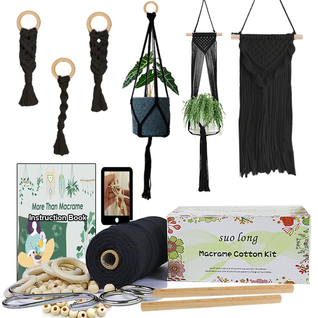 Jolof Store Macrame Kit for Adults | 3mm Black Cotton Cord & Beads