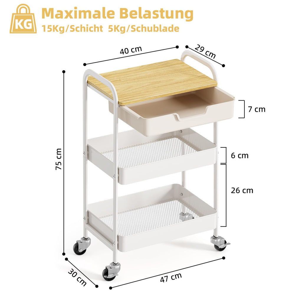 KINGRACK 3-Tier Rolling Utility Cart with Wooden Board and Drawer