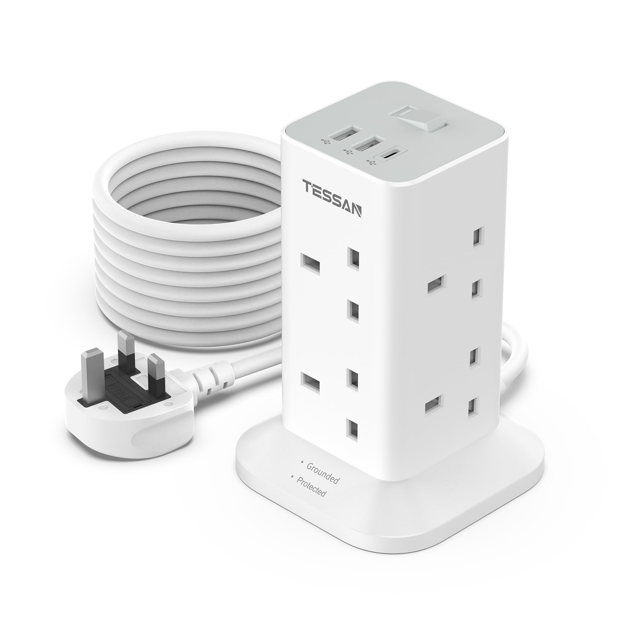 TESSAN 8-Way Tower Extension Lead 5M | Surge Protected USB C Power Strip