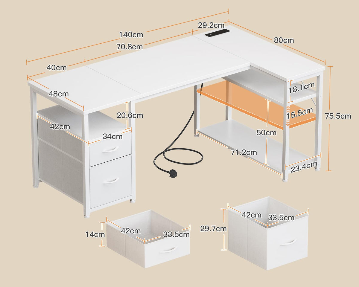 Coleshome Corner Computer Desk with Drawers and Shelves, 140×80 cm, White - image 3