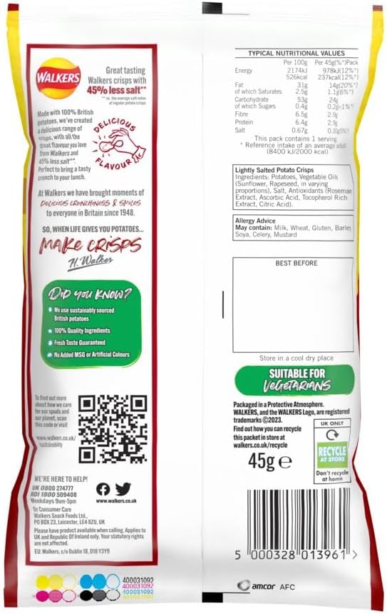 Walkers Less Salt Lightly Salted Crisps – 45g Potato Chips (Case of 32)