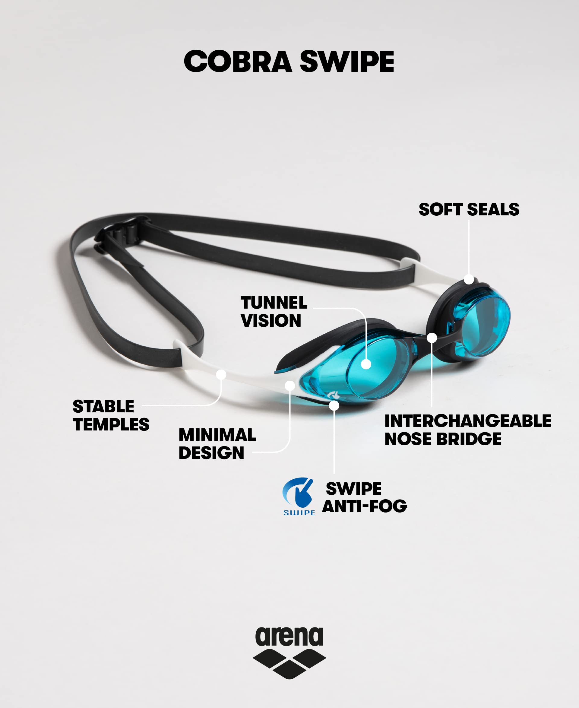 Arena Cobra Original Swipe Swim Goggles – Anti-Fog Racing Goggles