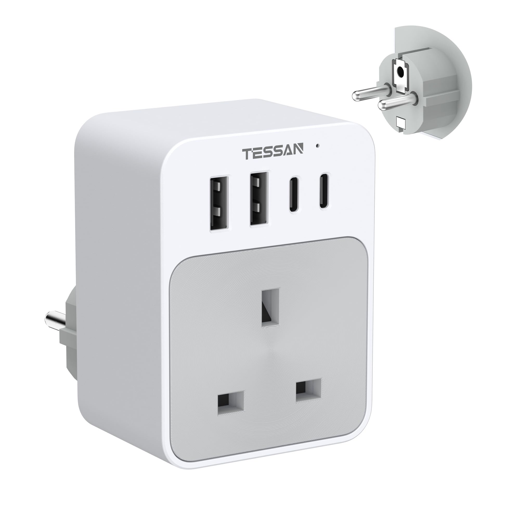 TESSAN UK to European Plug Adapter | 5-in-1 Travel Adaptor with USB-C