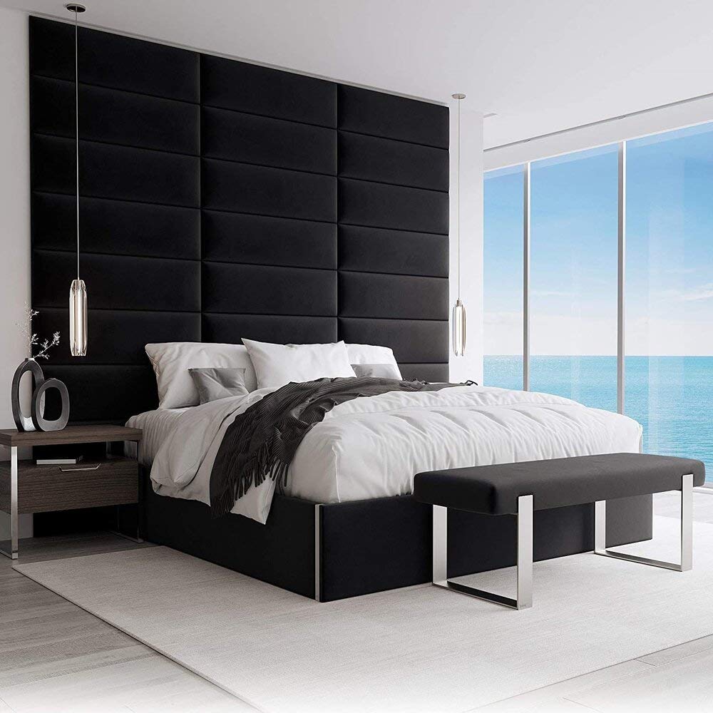 VANT Upholstered Headboards - Accent Wall Panels - Packs of 4 - Easy to Install - Single & Double bed Size 91cm Wide, Plush Velvet Black - image 1