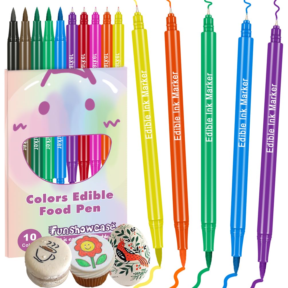 FUNSHOWCASE 10 Edible Markers – Dual-Tip Fine and Brush Food Pens