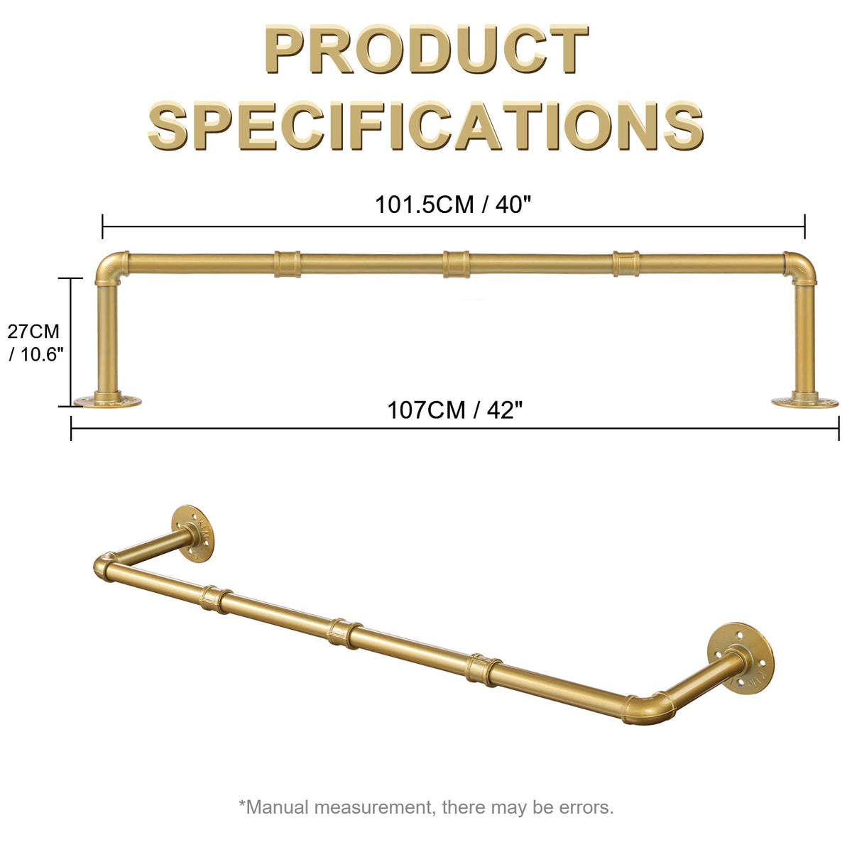 Ihomepark Industrial Pipe Gold Clothing Rack, 94 cm Wall Mounted Gold Iron Garment Clothes Bar, Heavy Duty Metal Hanging Rod for Retail Display - image 3