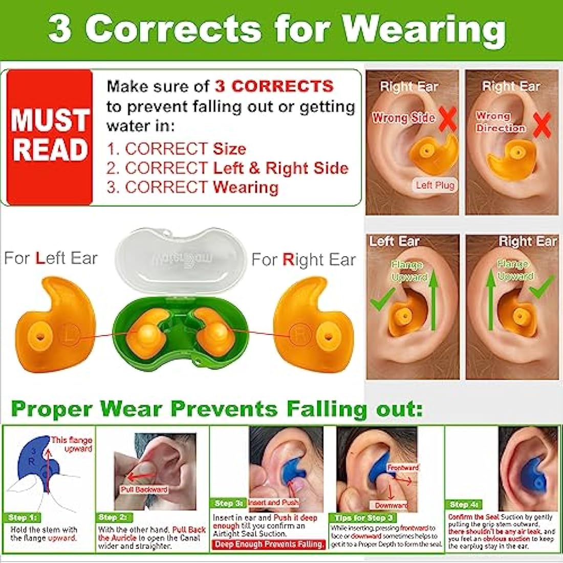WaterDam Swimming Earplugs | Waterproof Reusable Silicone - 3 Pairs