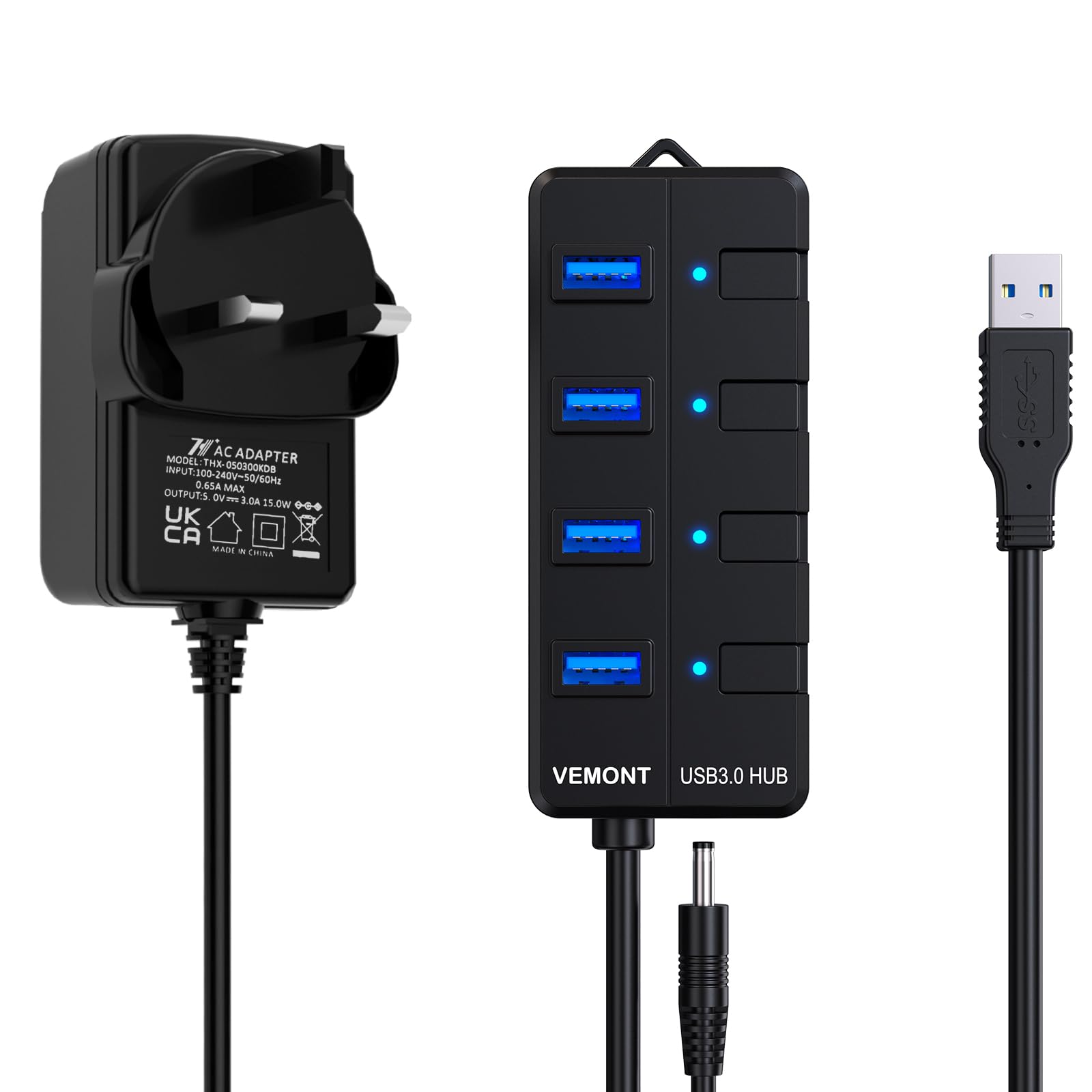 VEMONT Powered USB 3.0 Hub | 4-Port 5Gbps Splitter with Power Supply