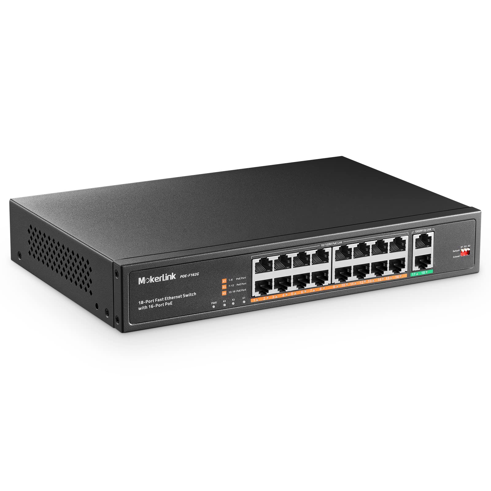 MokerLink 18 Port PoE Switch | 16 PoE+ 100Mbps | 250W Rackmount Unmanaged