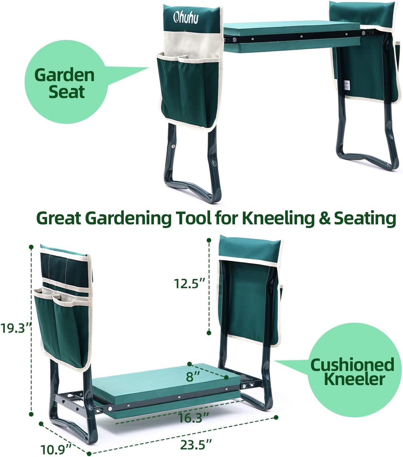 Ohuhu Garden Kneeler and Seat | Foldable Stool with EVA Pad & 2 Tool Bags