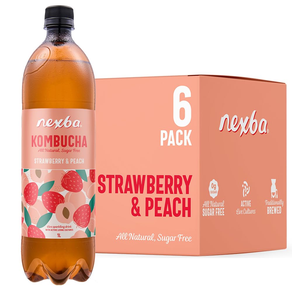Nexba Strawberry & Peach Kombucha – Sugar Free Probiotic Drink (6x1L)