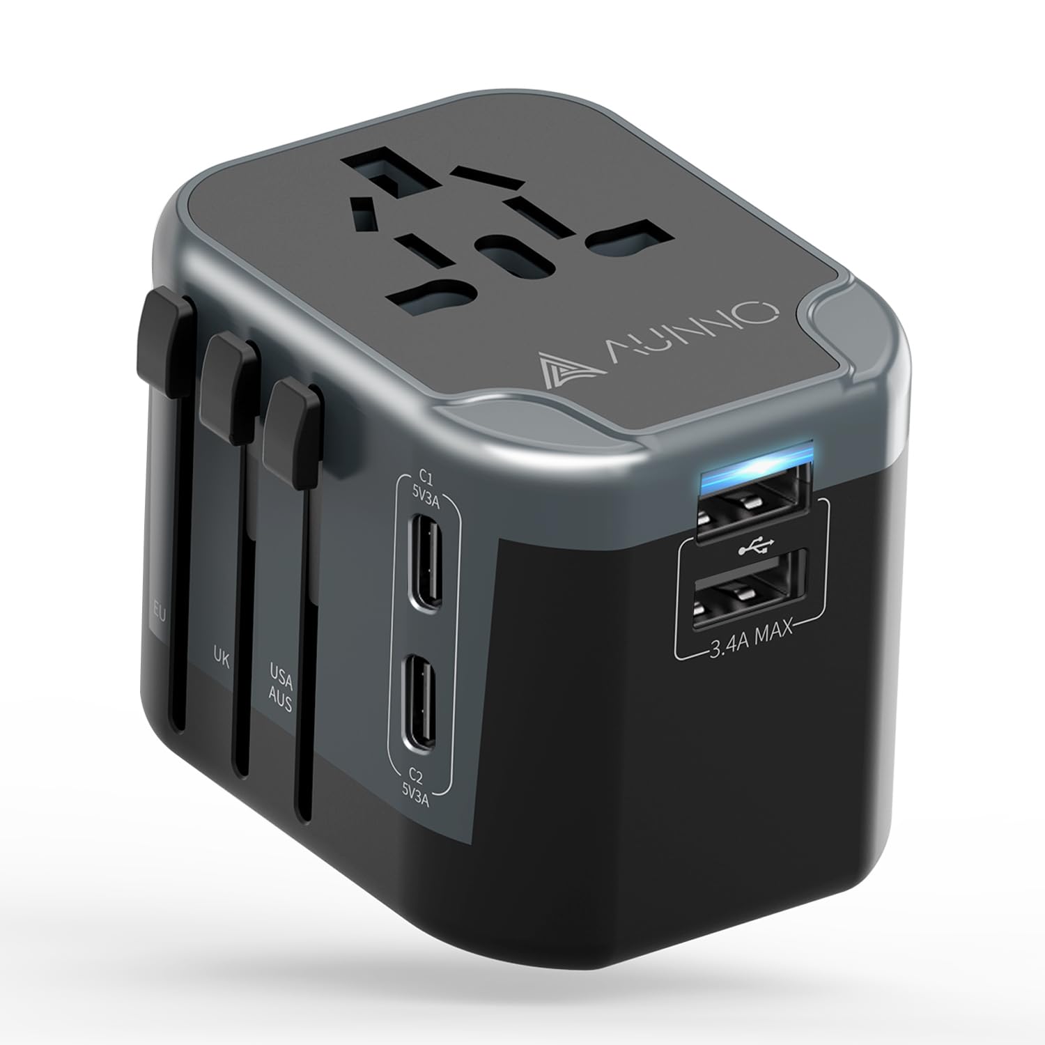 AUNNO Universal Travel Adapter | 2 USB-C & 2 USB Ports | All-in-One Plug