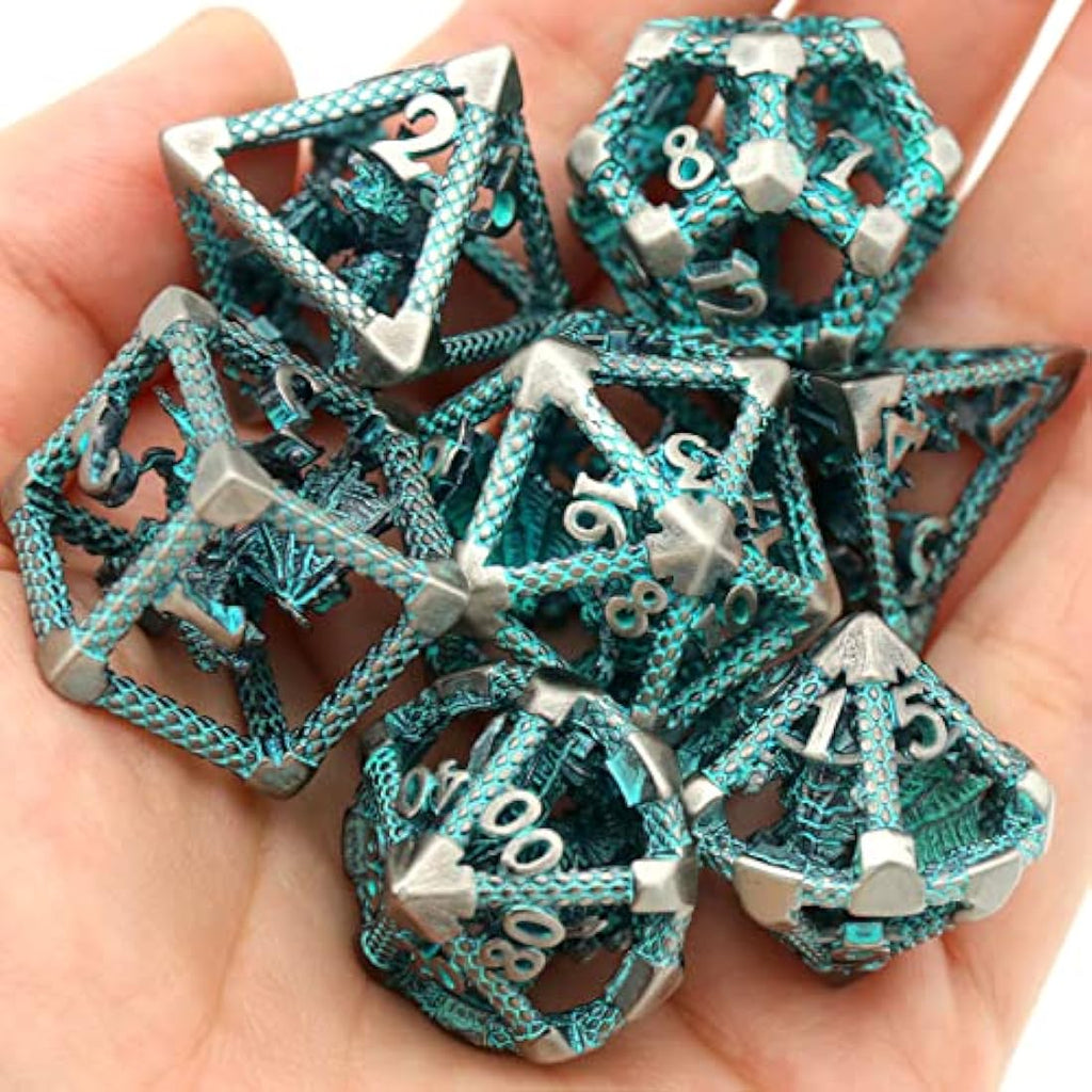 Hollow Metal Dragon D&D Dice Set | Silver Blue Polyhedral