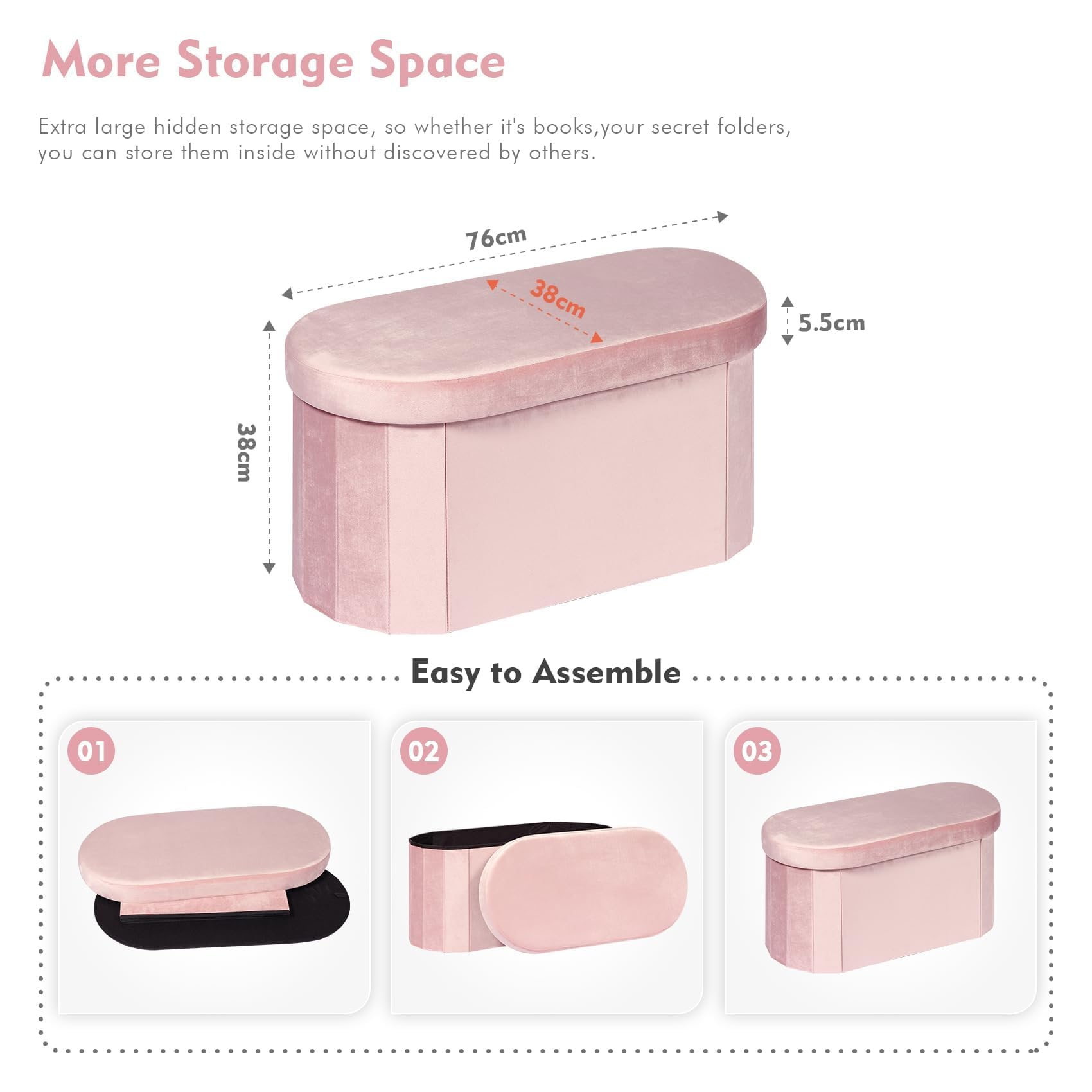 Bonlife Pink Velvet Ottoman Storage Bench | Foldable Oval Toy Box