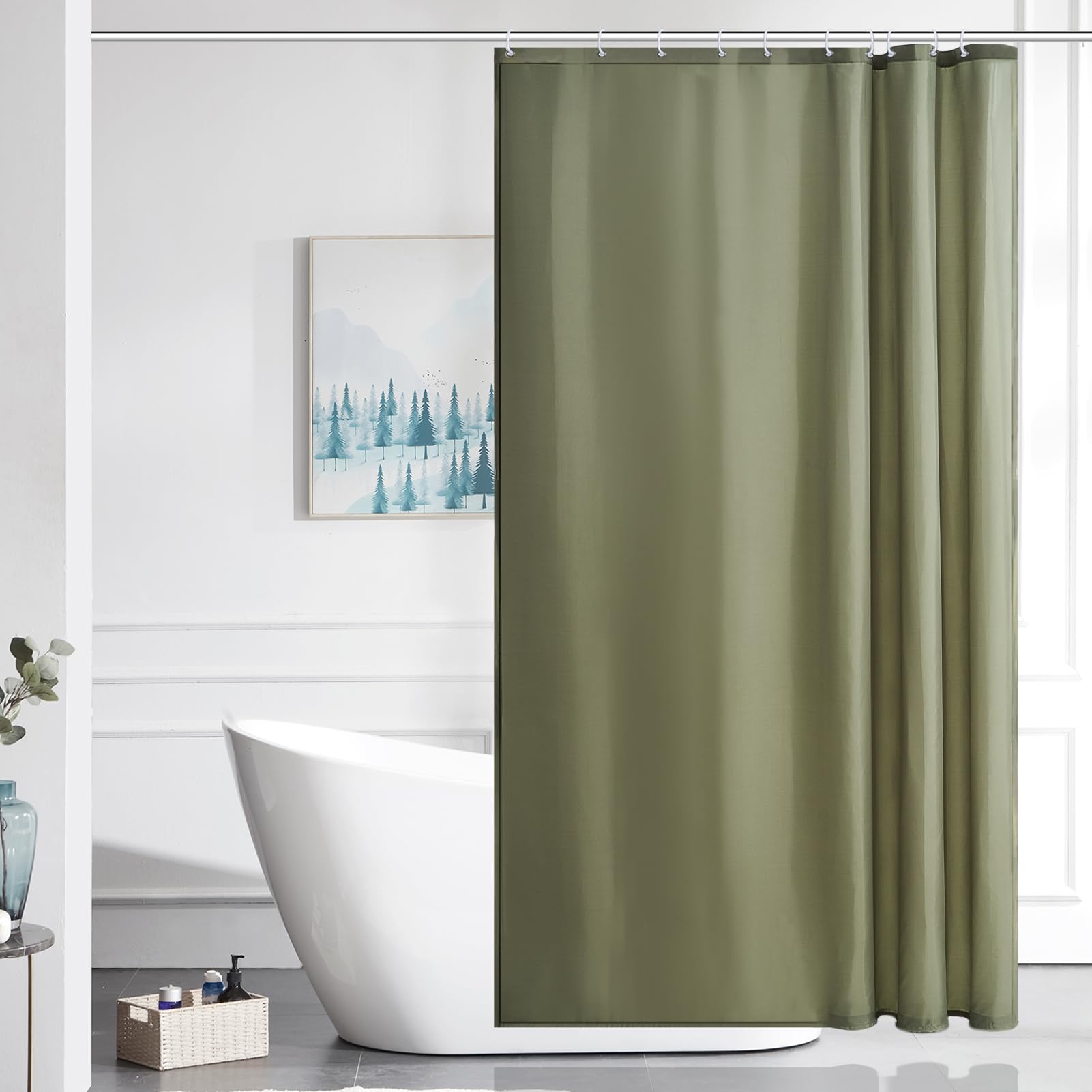 Furlinic Sage Green Waterproof Polyester Shower Curtain with Hooks