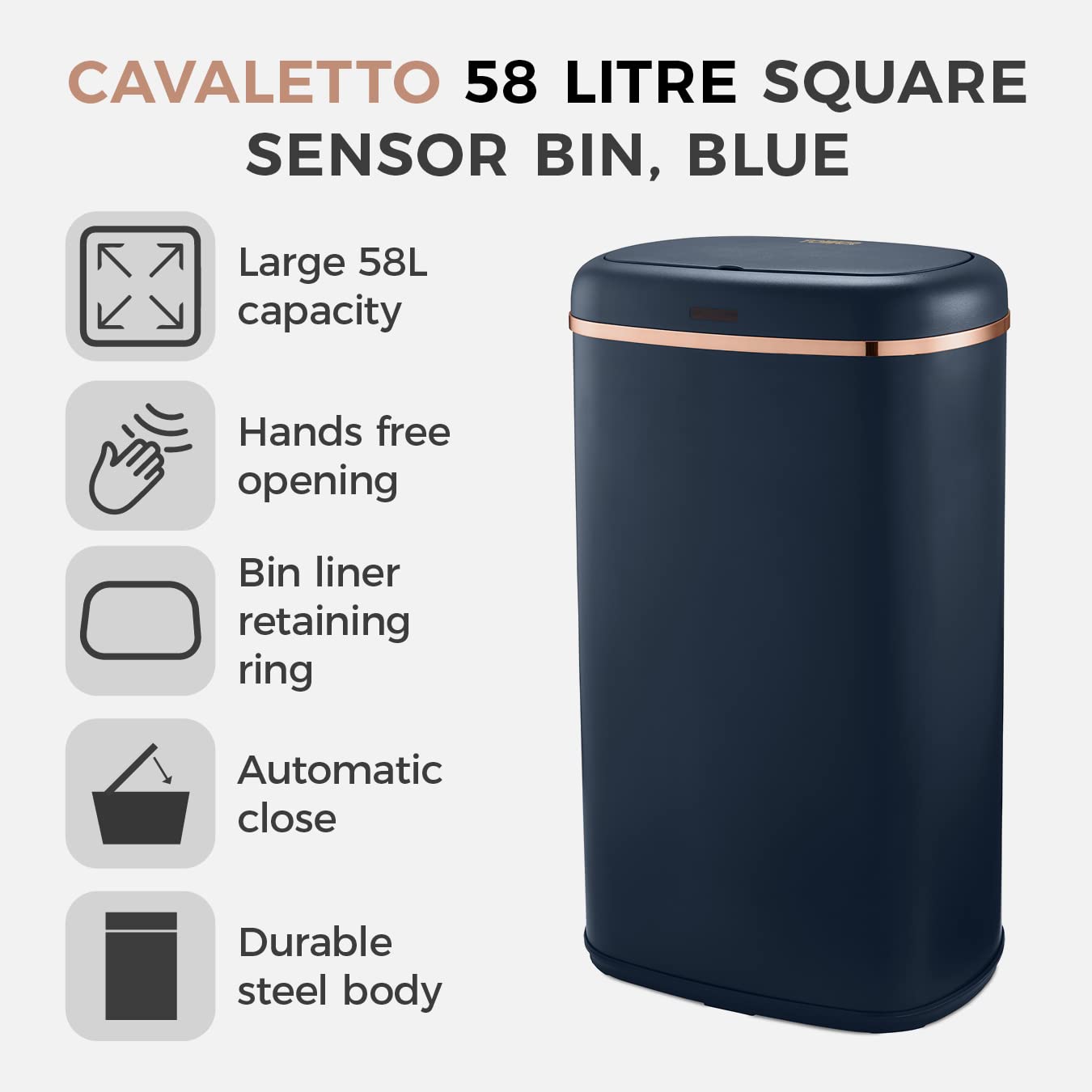 Tower Cavaletto 58L Square Sensor Bin – Midnight Blue & Rose Gold
