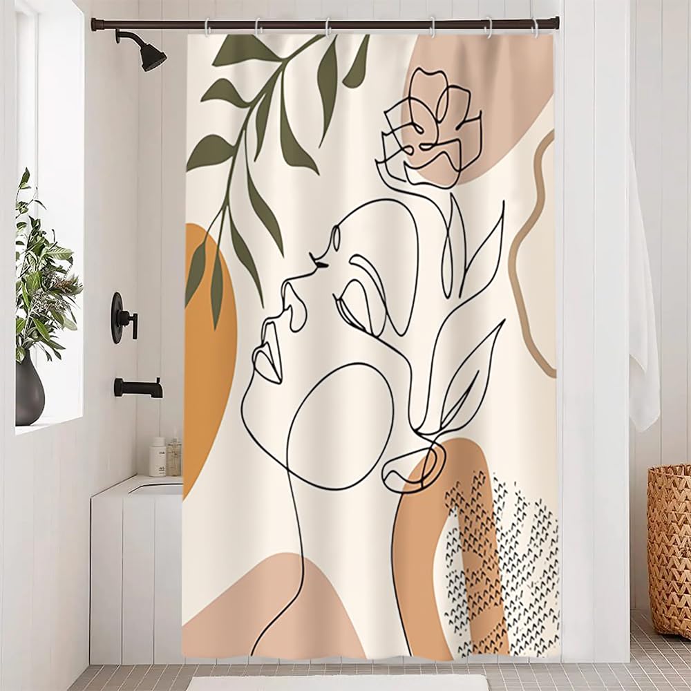 Abstract Boho Shower Curtain | Green Leaves Waterproof Fabric