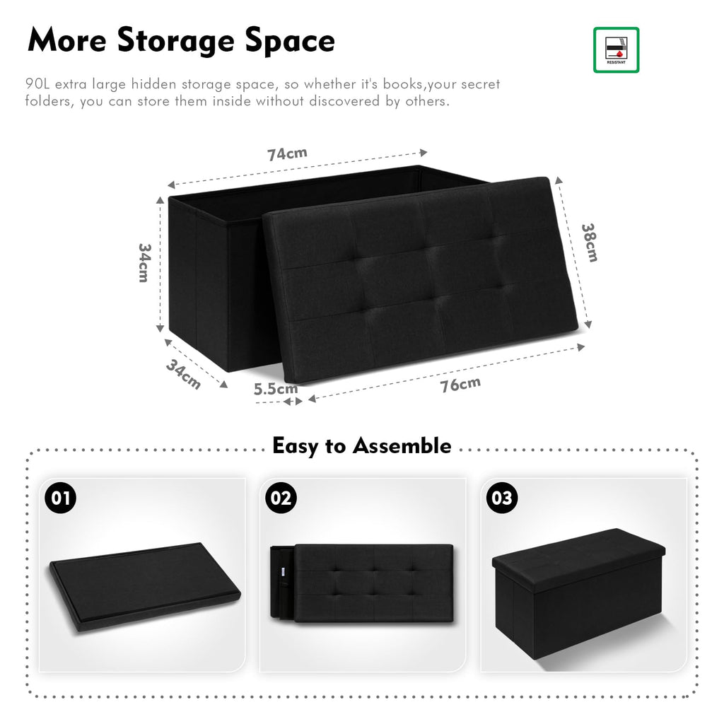Bonlife Large Folding Storage Ottoman | Linen Footrest Bench - Black