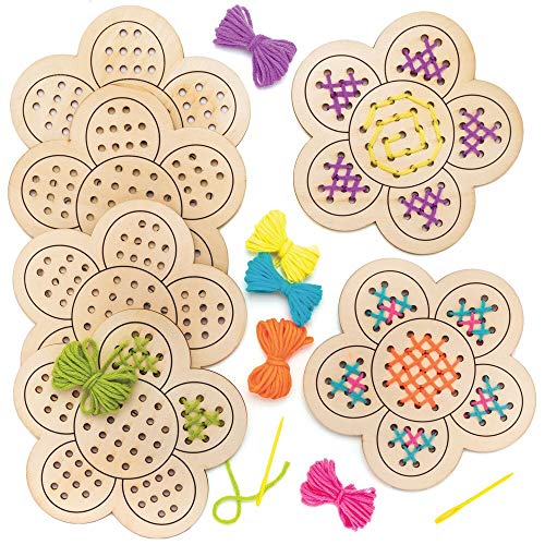 Baker Ross Flower Wooden Threading Kits for Kids - 4 Pack Sewing Craft