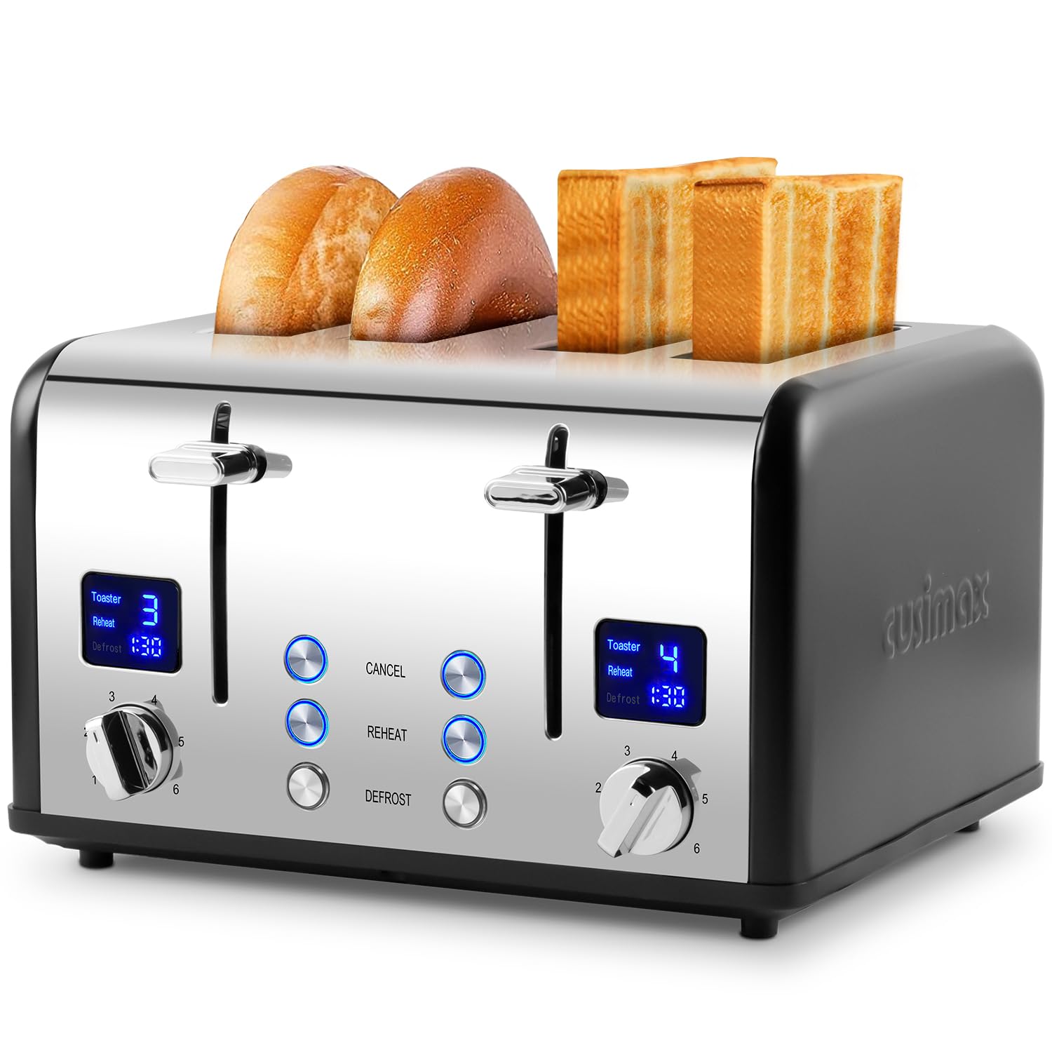 Cusimax 4-Slice Stainless Steel Toaster with LED Display & Wide Slots