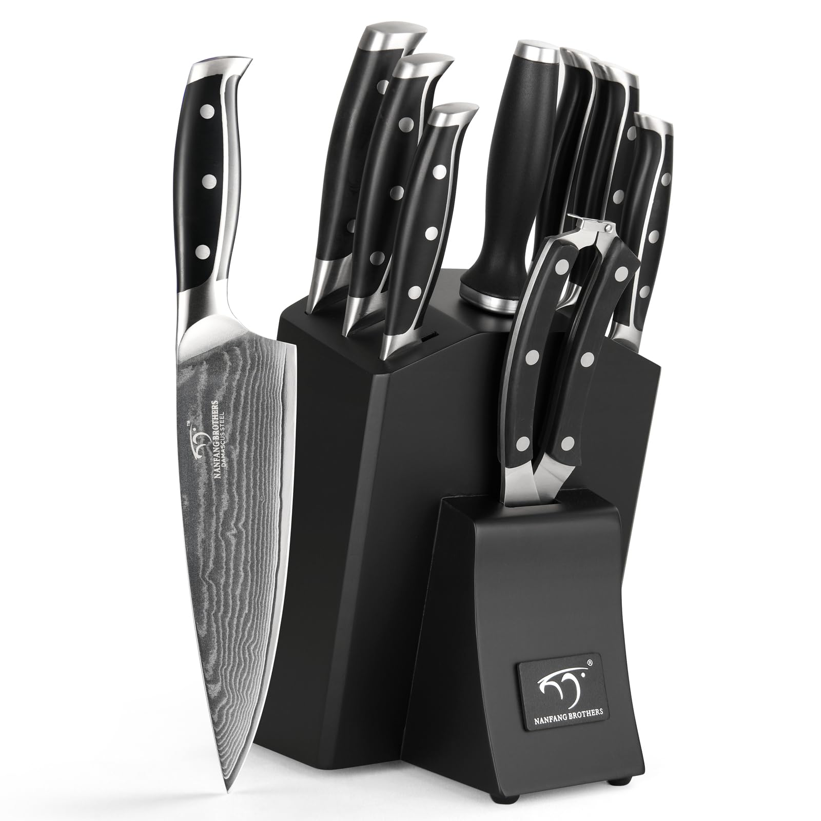 Nanfang Brothers 9-Piece Damascus Kitchen Knife Set with Block & Sharpener