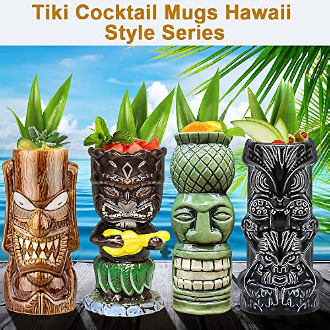 Jolof Store Tiki Mugs – Set of 4 Large Ceramic Hawaiian Cocktail Glasses