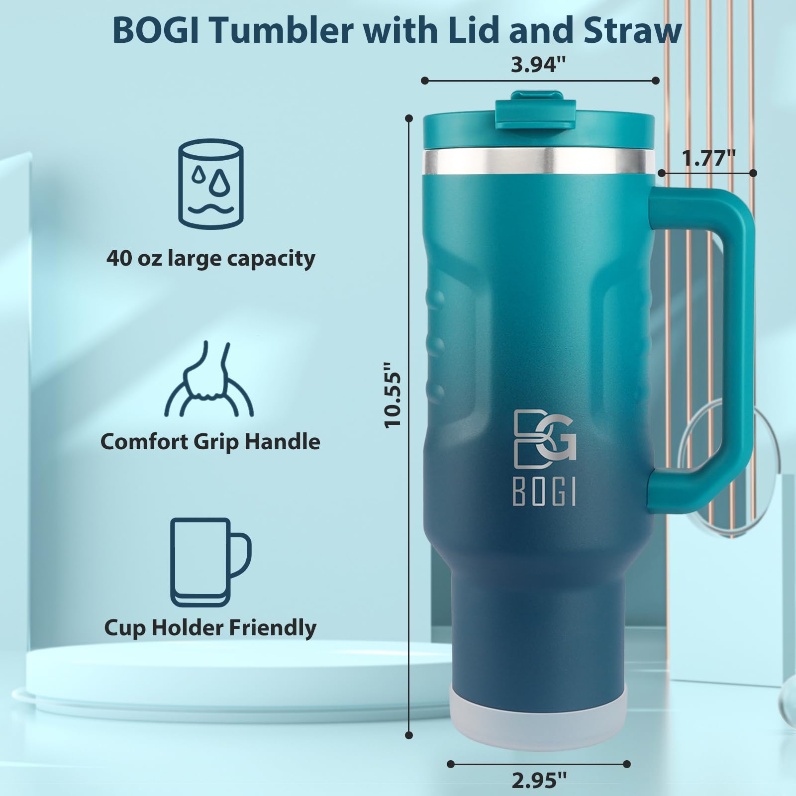 BOGI 40oz Insulated Tumbler with Handle | Leakproof Stainless Steel Mug