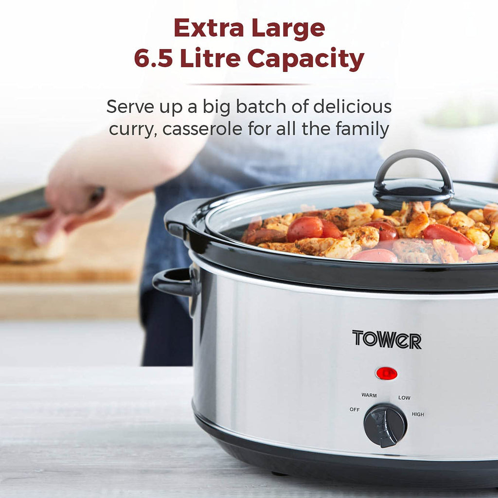 Tower T16040Y Slow Cooker | 6.5L Large Capacity | Stainless Steel