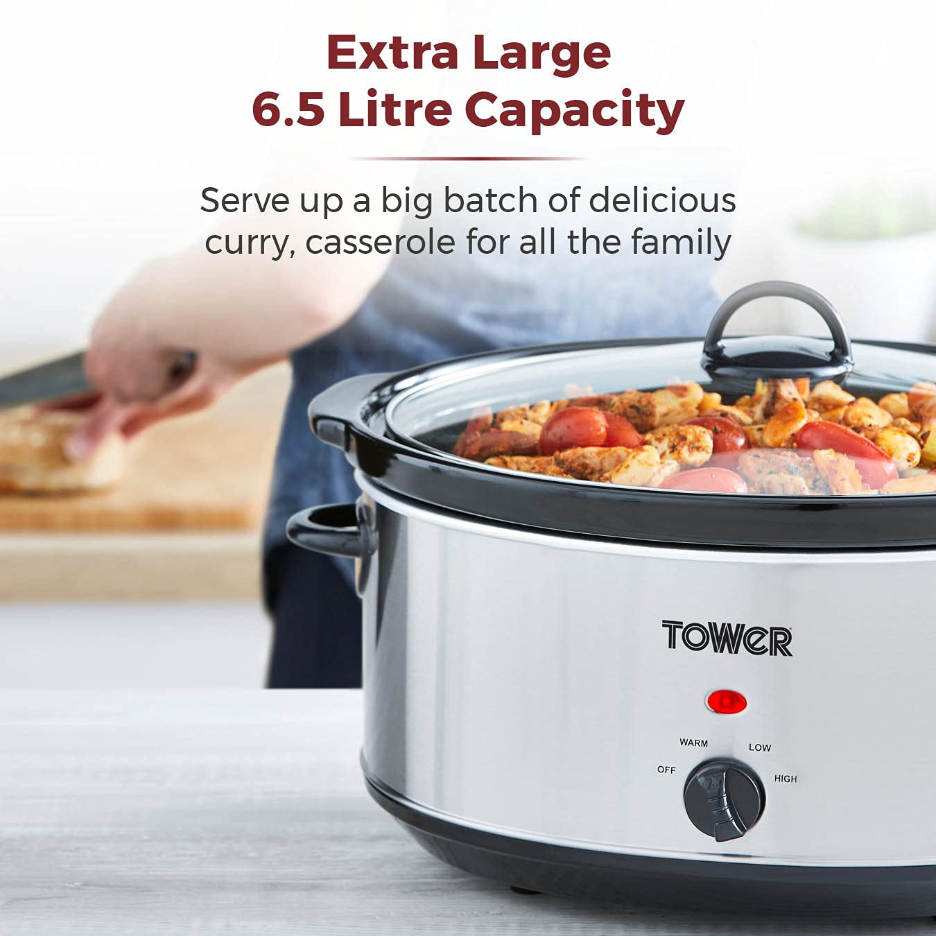 Tower T16040Y Slow Cooker | 6.5L Large Capacity | Stainless Steel