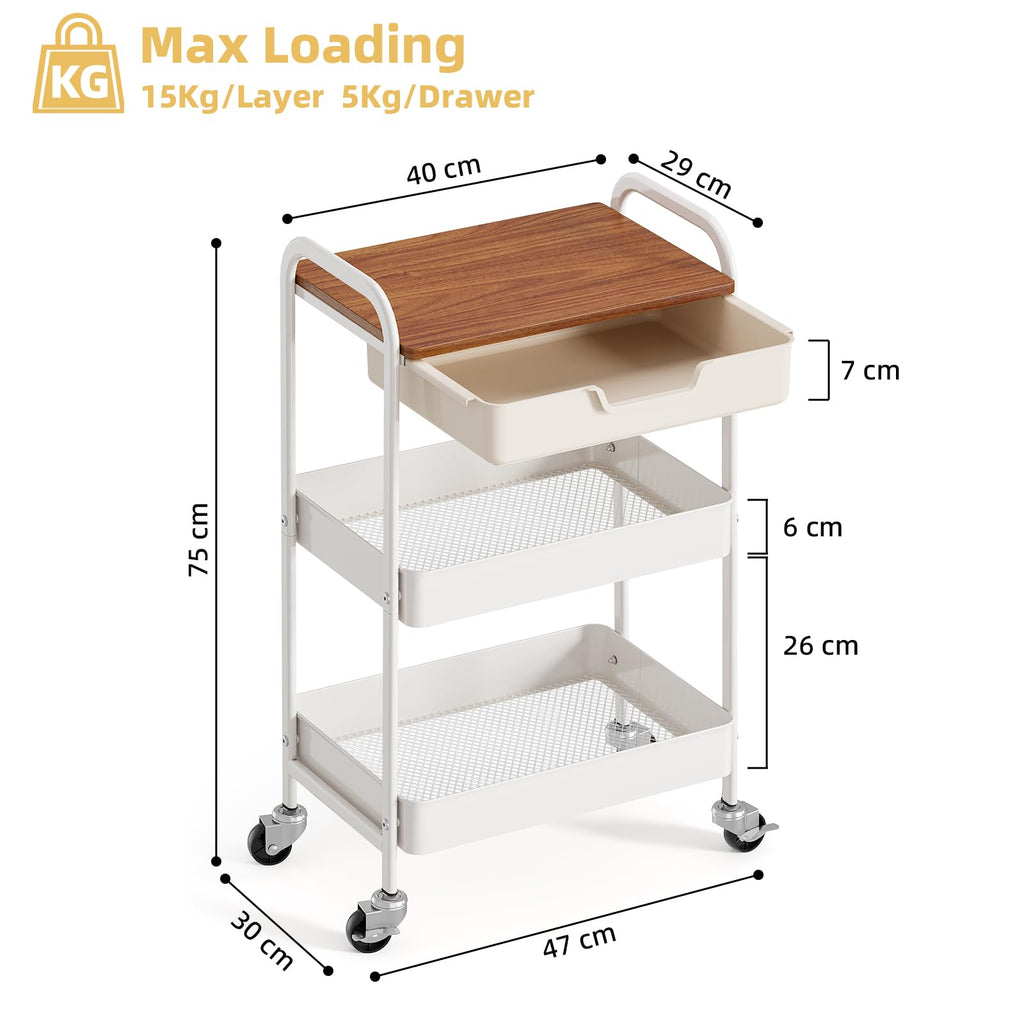 KINGRACK 3-Tier Rolling Utility Cart with Wooden Board and Drawer | White