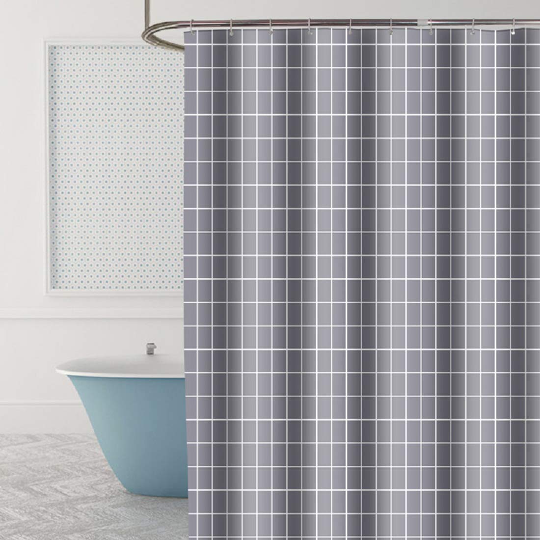 FSZhenZuan Shower Curtain – Grey Grid Polyester, Water Repellent