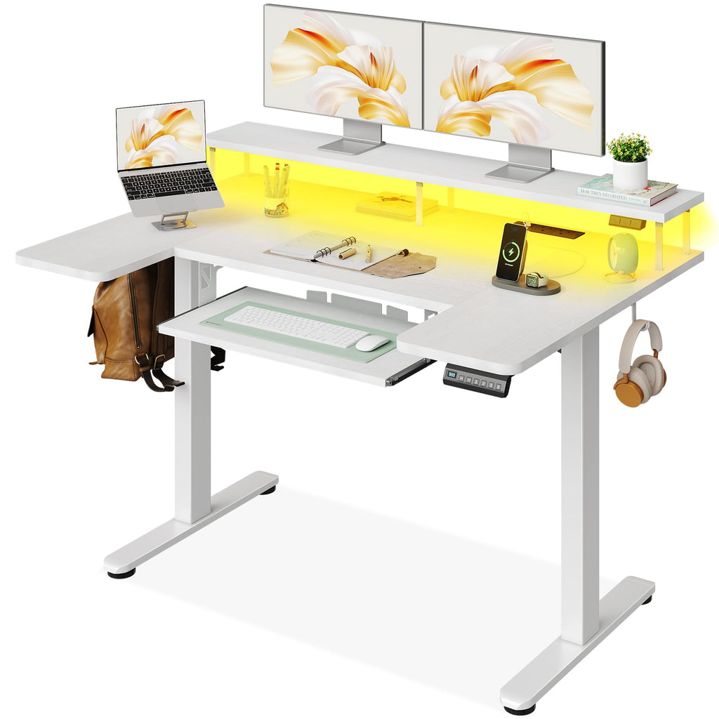 OffiGo Standing Desk, 120cm U Shaped Desk with LED Lights & Power Outlets - image 1