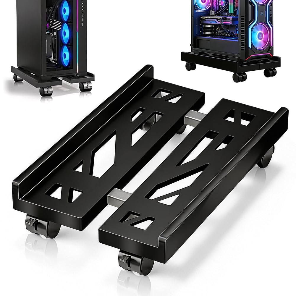 Ruioomeep PC Stand With Wheels, PC Tower Computer Stand, Mobile CPU Stand, Adjustable CPU Holder, With 4 Lockable Castors For Gamer, Home Black