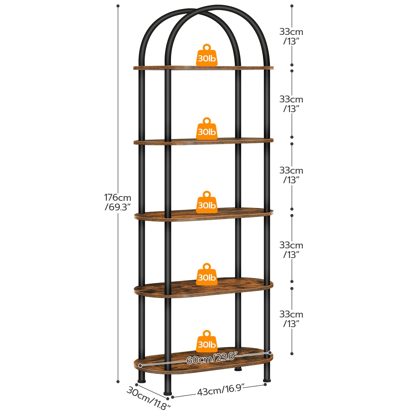 HOOBRO 5-Tier Industrial Arched Bookcase - Rustic Brown Tall Storage Shelf