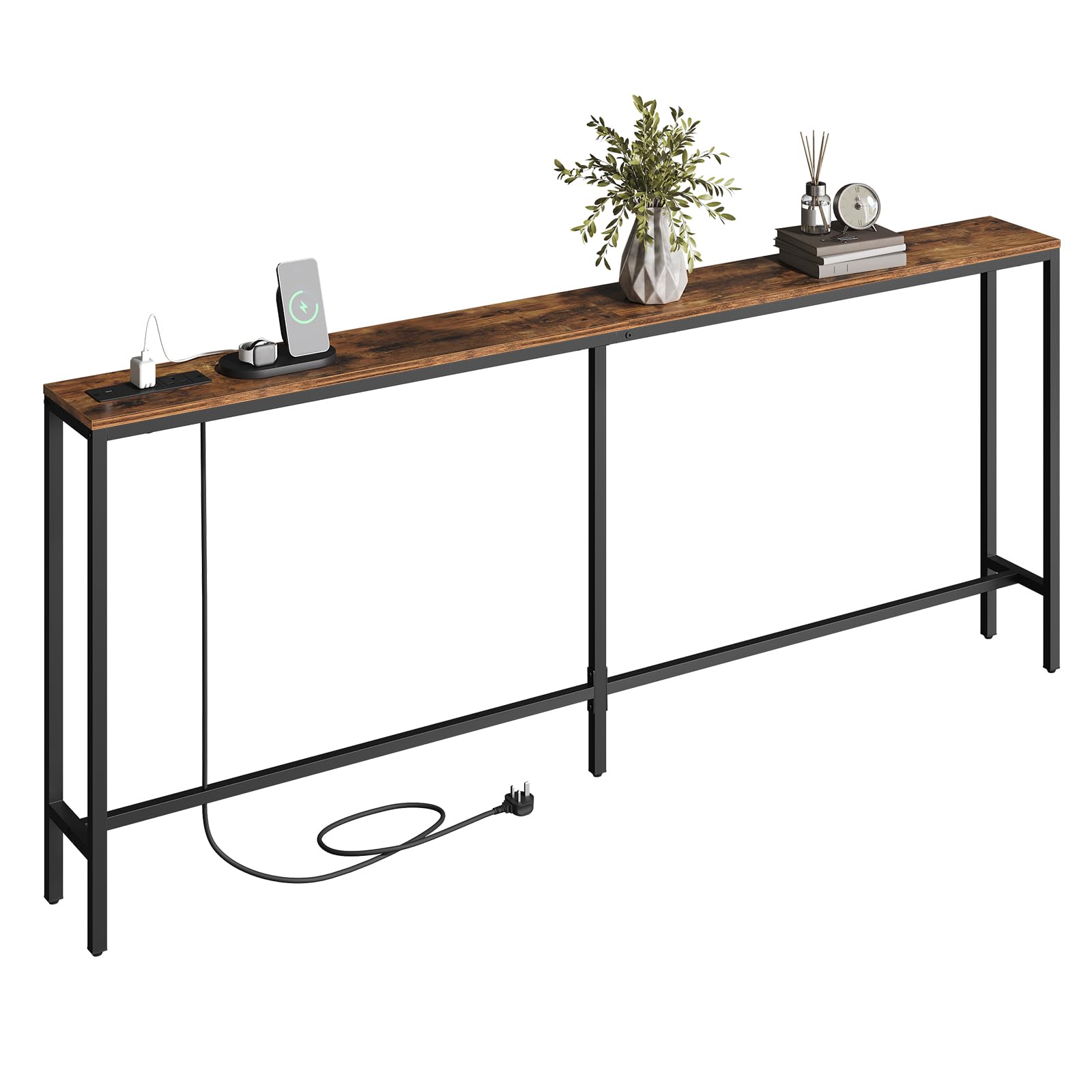 MAHANCRIS 200cm Narrow Console Table with Power Outlet | Industrial Brown