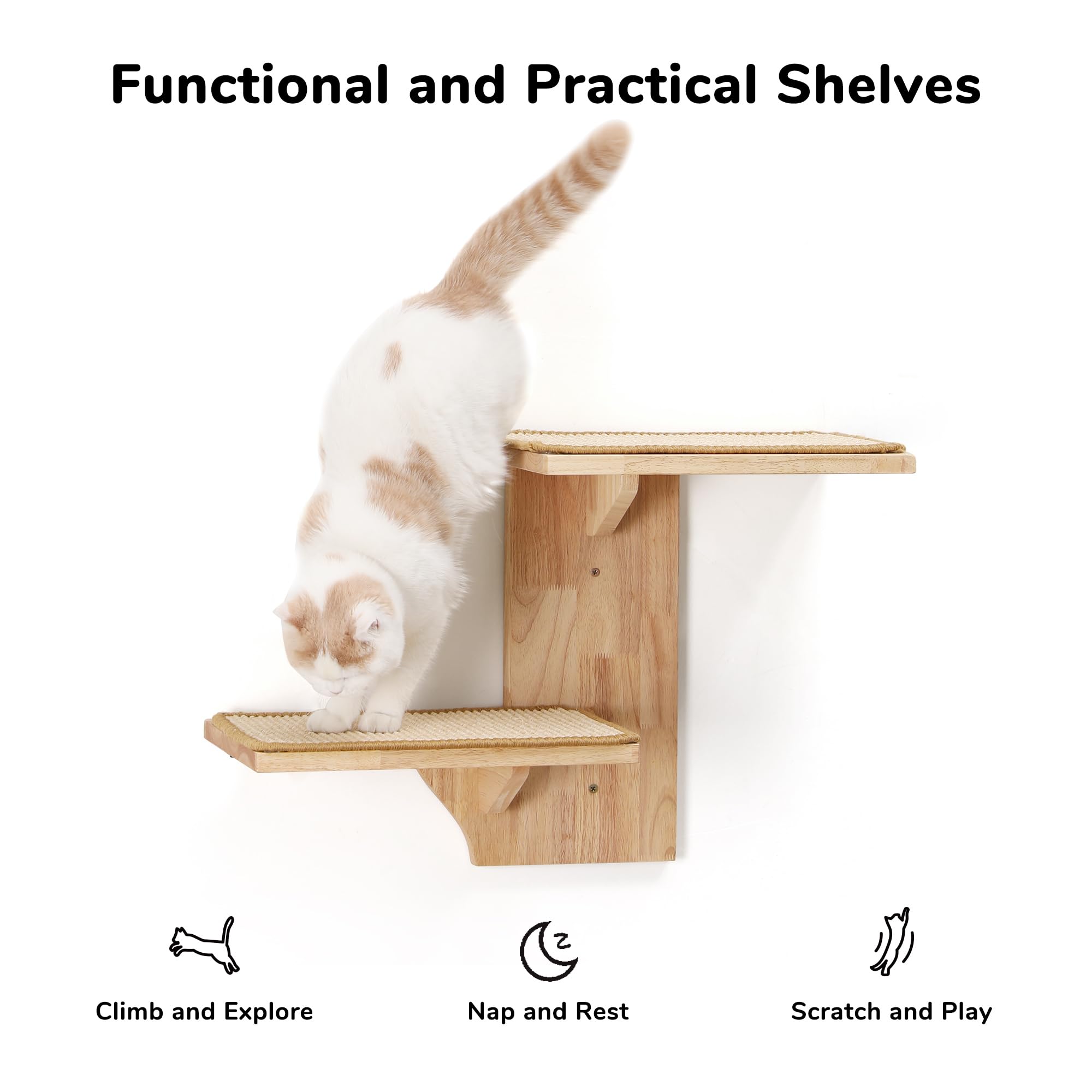 FUKUMARU Cat Wall Shelves | 2-Platform Tree Shape Solid Wood Perch