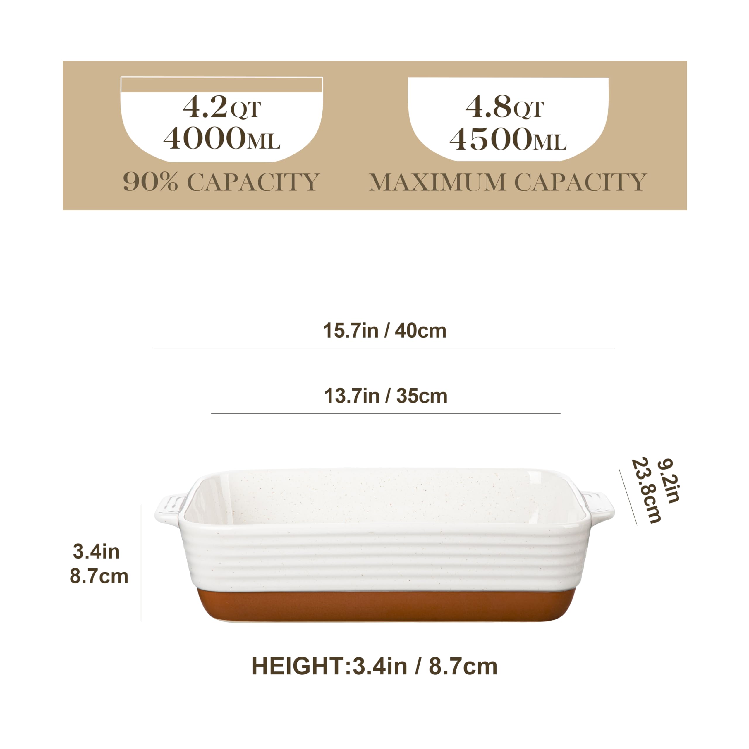 MALACASA 9x13 Ceramic Casserole Dish – Deep Rectangular Lasagna Pan, Khaki