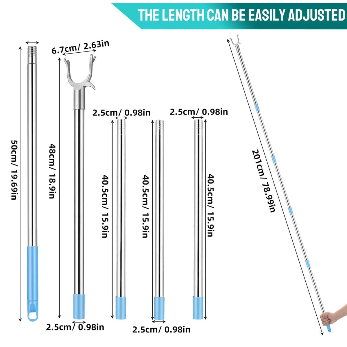 PRETYZOOM Adjustable Clothes Pole Telescoping Reach Stick Detachable Clothes Drying Rod for Wardrobe and High Reach Clotheslines Sky-Blue - image 4