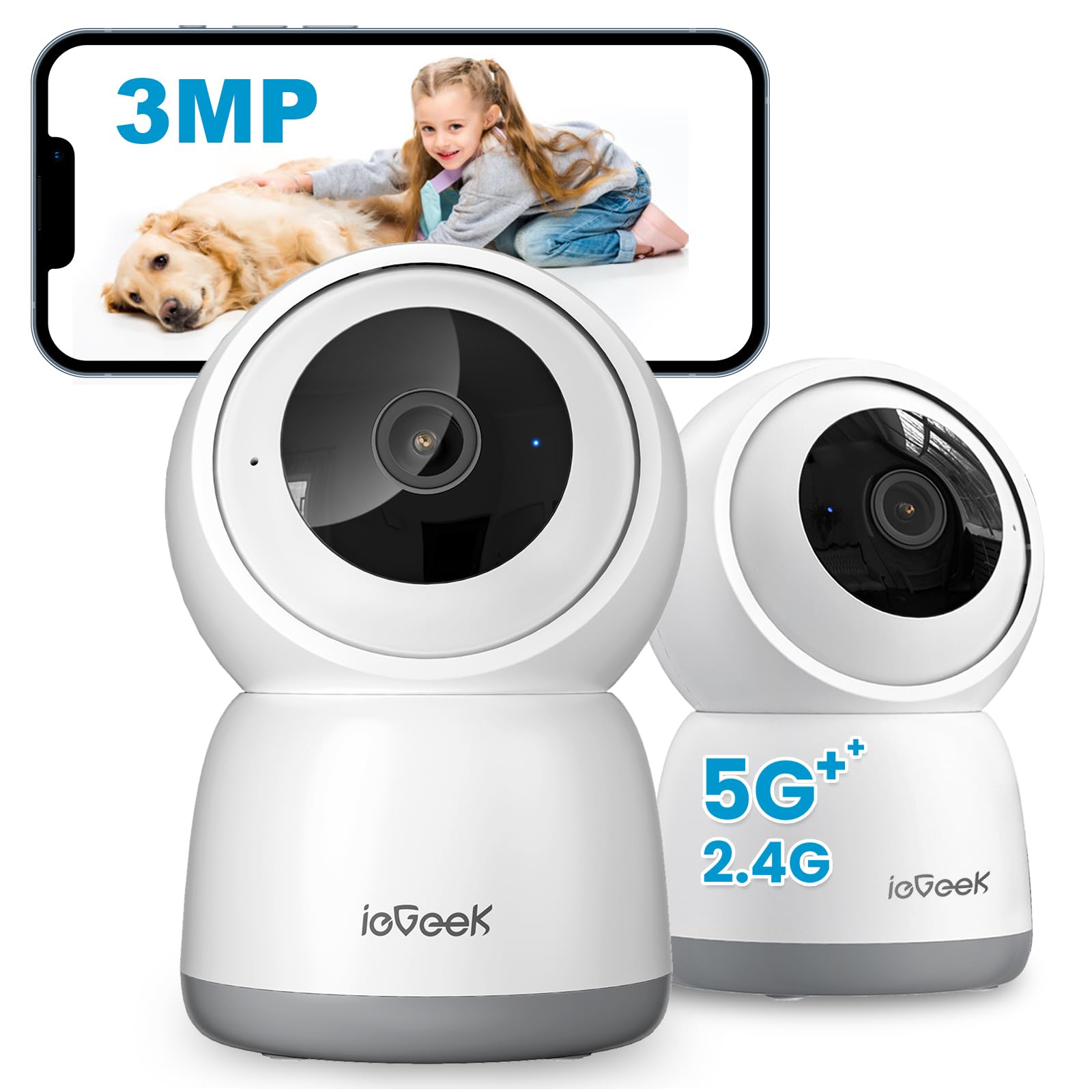 ieGeek 2K 3MP Indoor WiFi Security Camera – 360° PTZ Pet Monitor, 2PCS