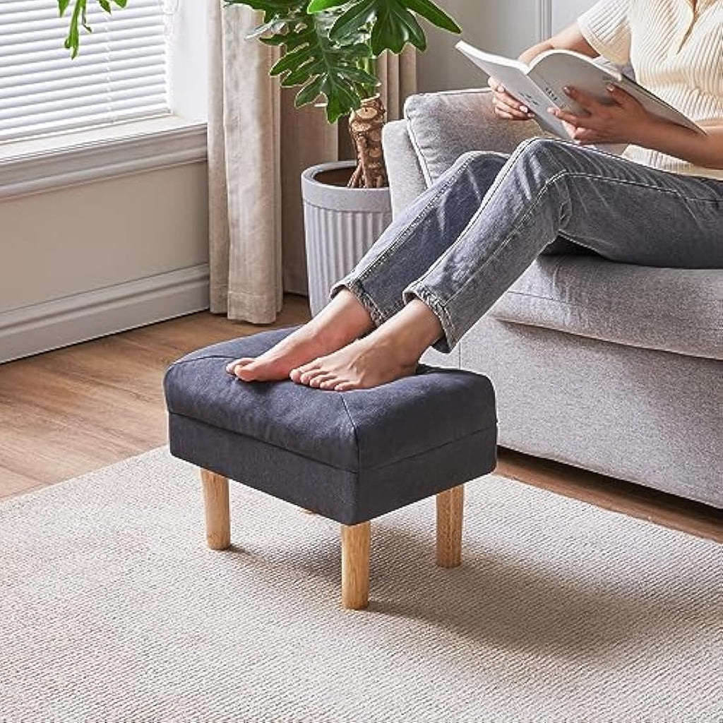Small Ottoman Footstool – Padded Wooden Stool, Dark Grey